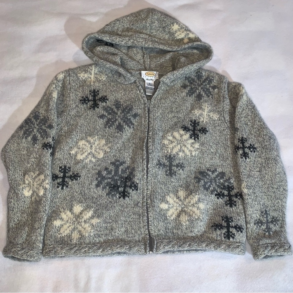 Talbots women’s gray snowflake Wool hooded full zip sweater jacket Sz Small